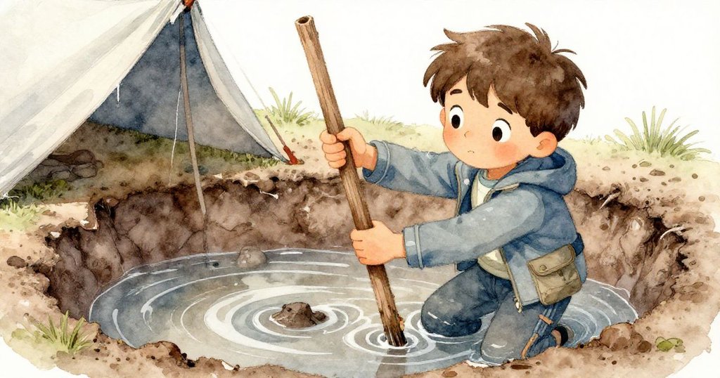 黎歐在泥濘排水溝旁用破舊帳篷桿探查水深,靴子陷入泥中,神情專注,水中渾濁沈澱隨桿移動。