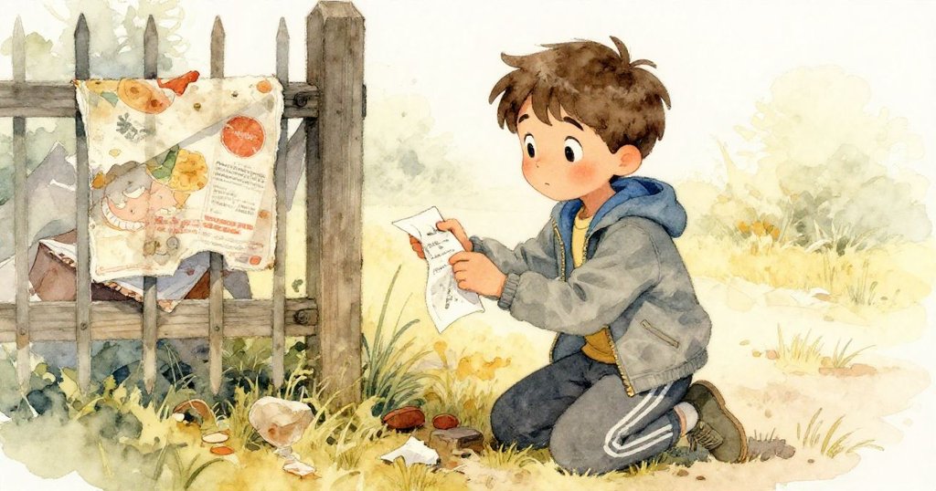 黎歐在圍欄邊跪下檢視沾濕褪色的餐巾,細看殘留盛宴痕跡,眼神充滿好奇與沉思。