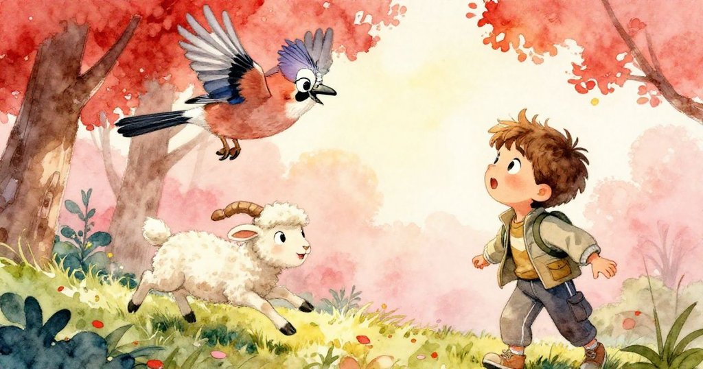 鳥兒掠過樹梢驚動遠處小羊沿樹籬奔逃,黎歐轉頭望去,表情充滿驚喜與趣味,動態生動。