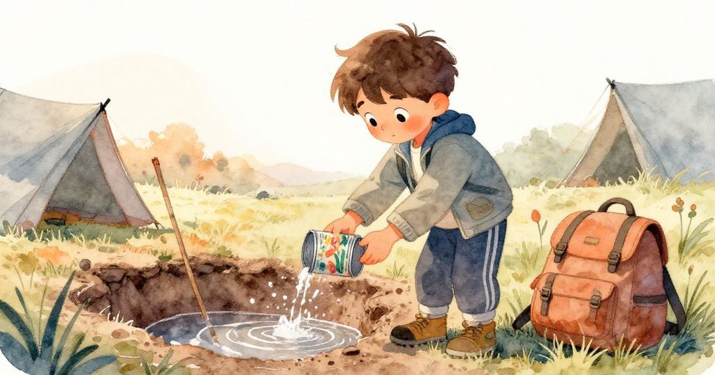 黎歐在柔和落日餘暉中將小錫罐放於背包旁,清洗帳篷桿,排水溝水面平靜映出柔光,結束奇遇旅程。