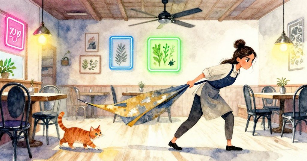 瑪拉在溫暖餐廳拖拉摺疊橫幅，生薑貓在椅間穿梭，背景展示經典相框與燈光營造準備慶祝氣氛。