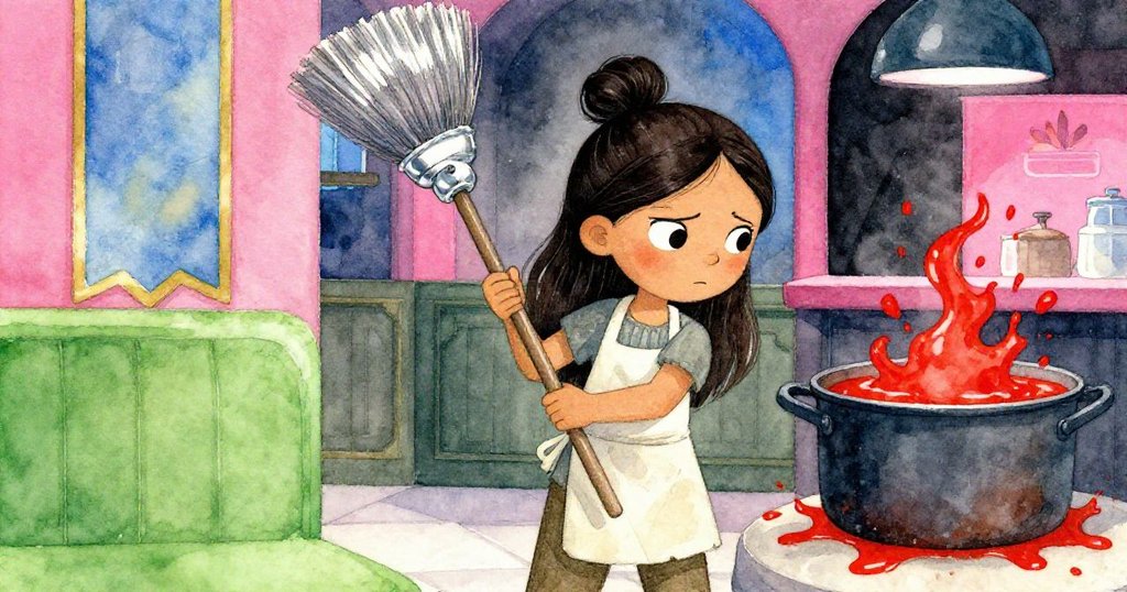 瑪拉握著掃帚柄掛橫幅，同時鍋中番茄醬濺紅於藍金橫幅上，呈現鮮明對比，動作專注。