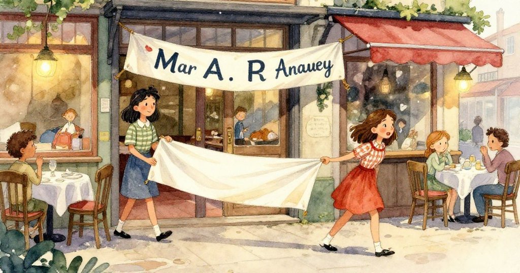 瑪拉雙手將藍金橫幅浸入水槽，水花拂過手腕形成瓷磚般的旋轉紋理，動作細膩專注。