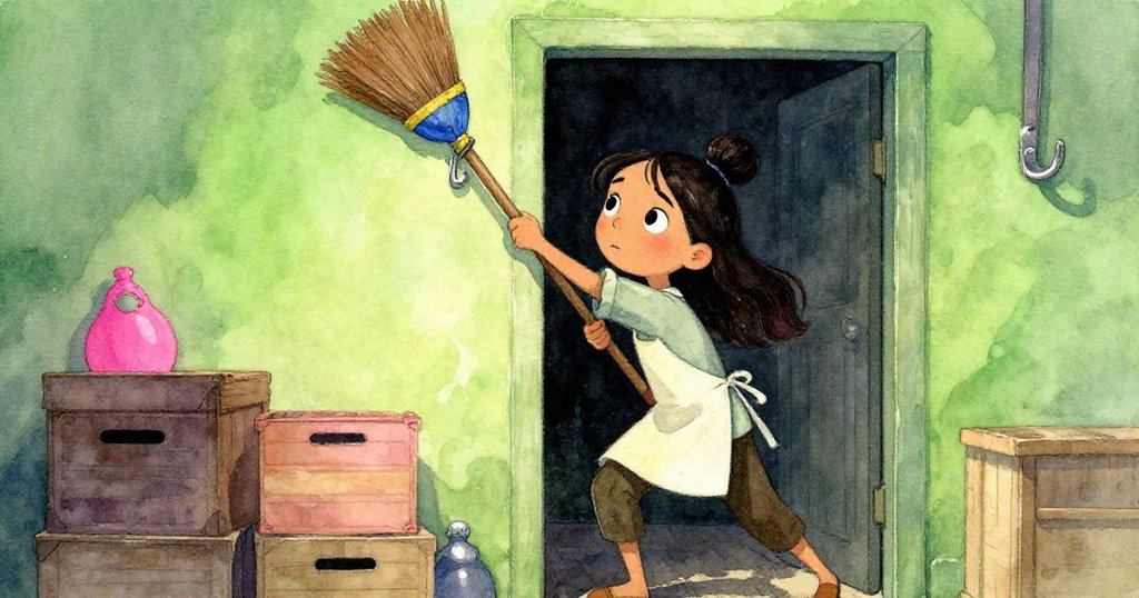 瑪拉攀上箱子至門口，運用掃帚柄試圖將橫幅掛到油漆勁硬的鉤子上，晚光柔和展現堅持與轉折。