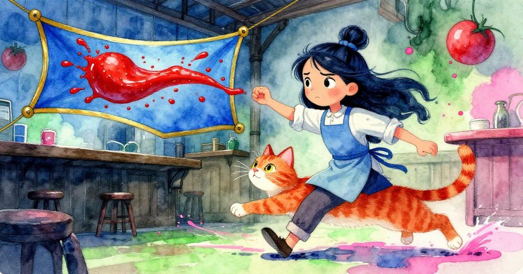 瑪拉的橫幅滑脫時番茄醬濺紅飛散，生薑貓敏捷躍起閃避，動態展現餐廳內瞬間意外與色彩飛散。