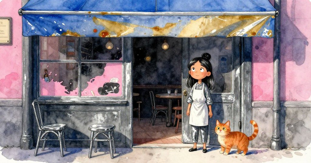 瑪拉在晚光中穩妥固定染上藝術圖樣的橫幅，餐廳平靜溫馨，生薑貓安靜守候，展現慶典前的滿足與期待。