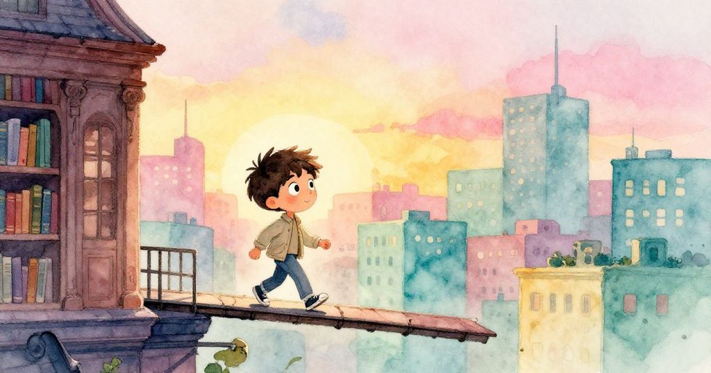 黎明時分，Leo小心翼翼穿越圖書館後的窄屋頂橋，眼中充滿好奇與期待，背景呈現都市天際線與溫暖晨光。