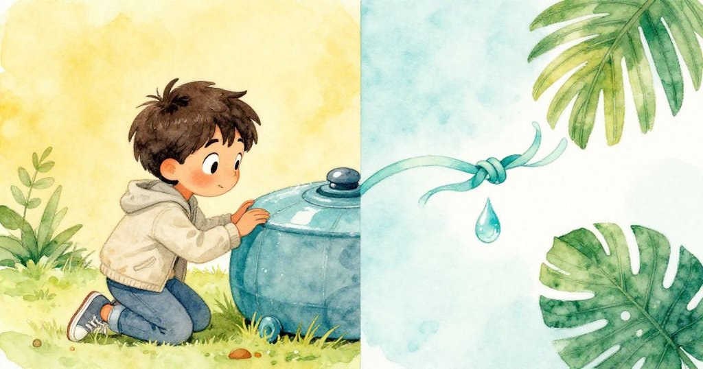 Leo一邊蹲伏仔細檢視水箱蓋縫隙，另一板中冷水滴落使打結絲帶開始翻飛，其間流露驚奇神情。