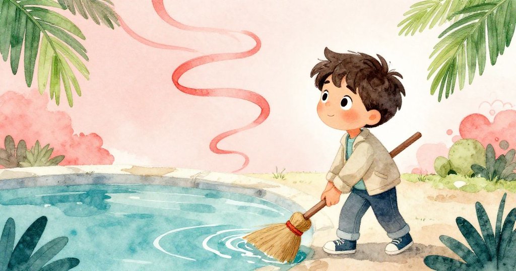 最後，Leo放下掃把柄，站立凝視旋轉的絲帶在風中舞動，滿懷期待展望新冒險，背景呈現靜謐水箱與開闊天空。