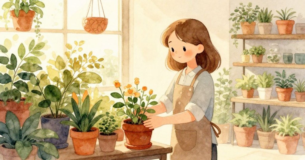 清晨柔和光線灑入小花店，Bella站在店中準備工作，神情平靜充滿期待，植物井然有序。