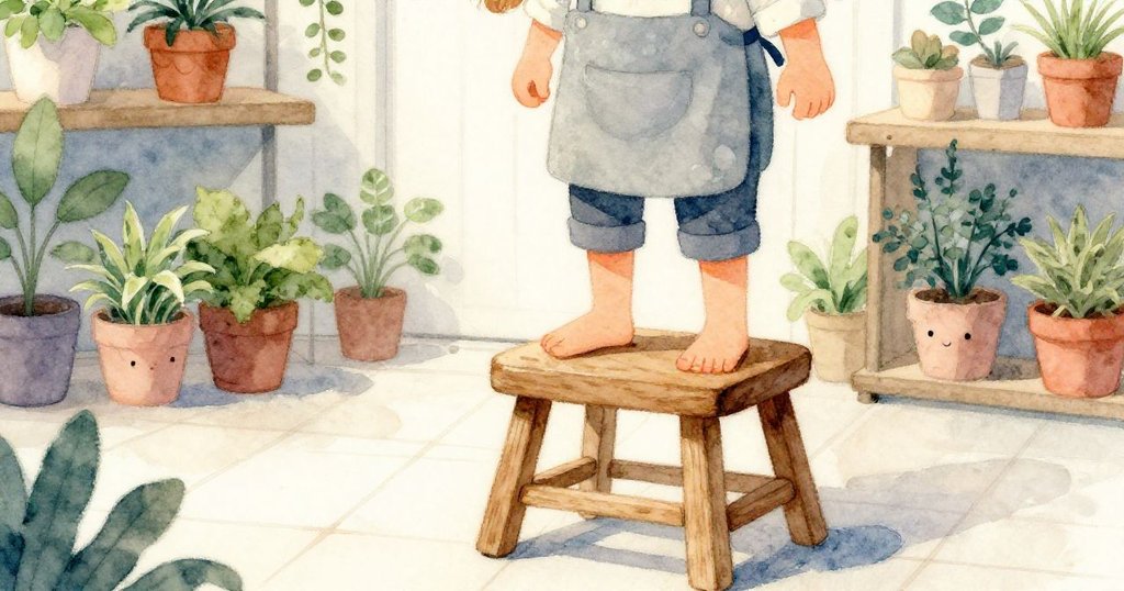 Bella小心將木凳放置於高架旁，專注腳步輕移，細膩店內地板映照出堅定決心。