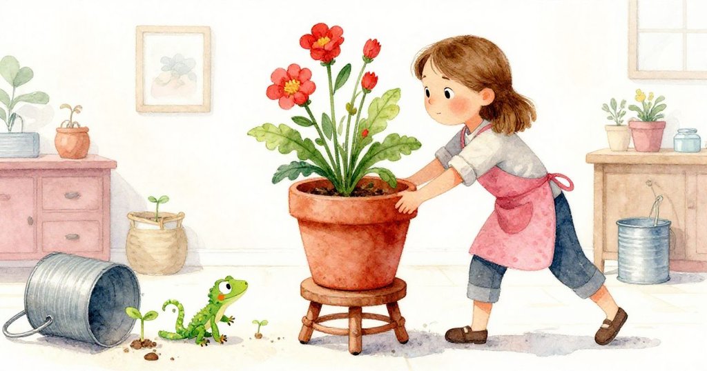 Bella用力推動沉重花盆，一邊木凳搖晃鐵罐滑落，綠色壁虎悄探土叢，戲劇性畫面生動呈現。