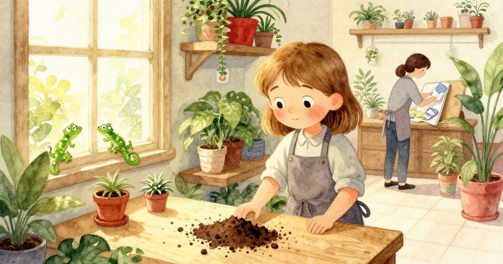 俯視角展現桌上散落細土如細流，綠色壁虎攀上窗台，Bella背景中認真清理，畫面層次豐富。