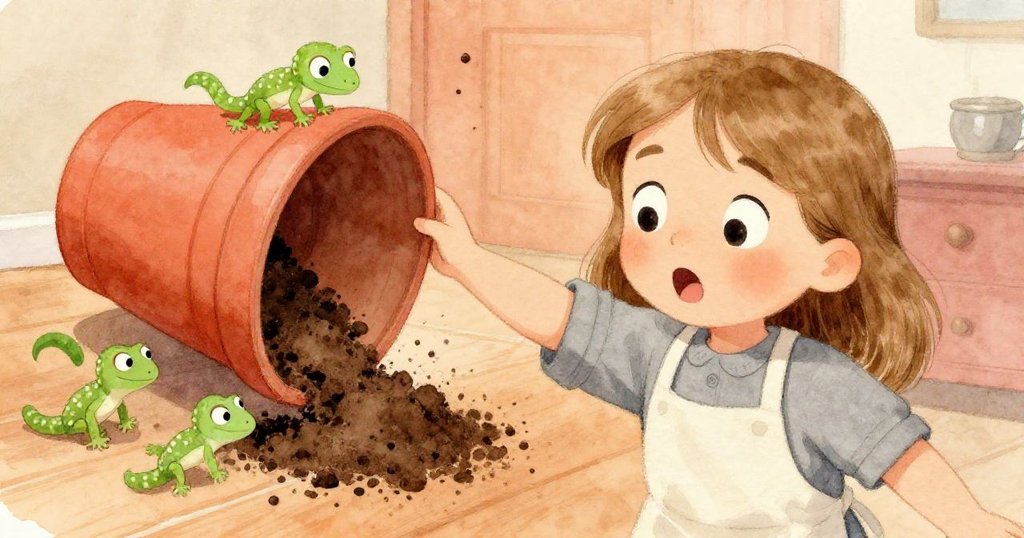 Bella驚愕表情清晰，花盆傾斜散落乾土，壁虎躍上窗台，緊張瞬間彷彿凝固。