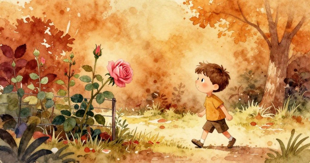 提姆走向低柵欄後的粉紅玫瑰，陽光溫暖，大地散發柔和氣息，展現探索開始的熱情