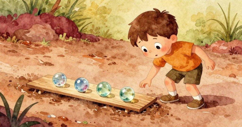 提姆仔細看著扁平木板上滾出的三顆發光玻璃彈珠，泥濘小徑上充滿探索好奇的氛圍