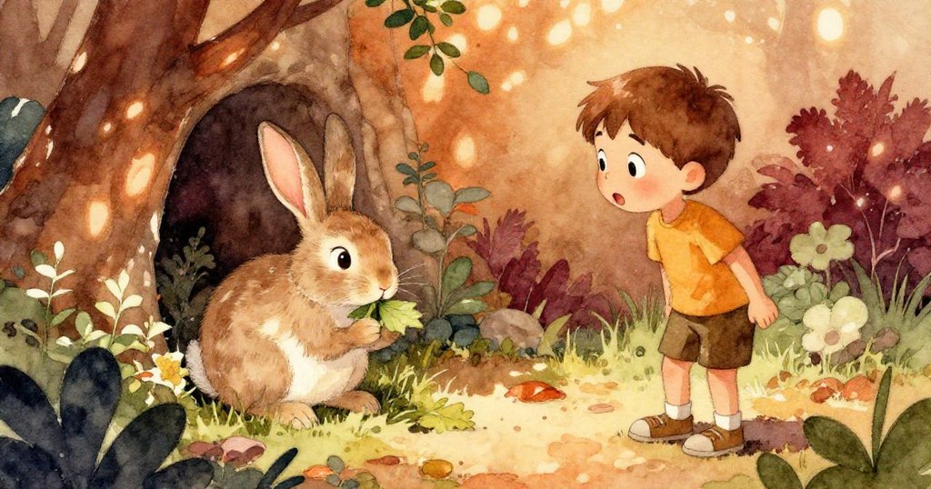 提姆與害羞兔在泥濘隱蔽角落相遇，兔子啃著葉子，提姆露出驚訝驚奇的表情，展現秘密探索的一刻