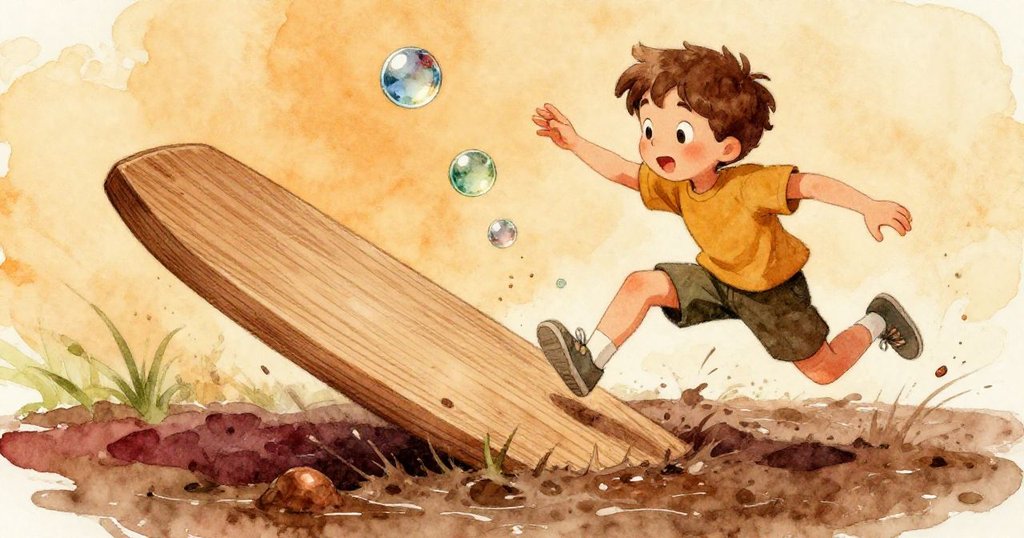 提姆急忙追逐滾動的玻璃彈珠，木板傾斜沉入泥中，彈珠閃爍動感光芒，充滿緊張活力