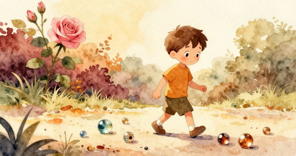 提姆帶著珍貴彈珠離開粉紅玫瑰，沿著開闊小徑邁步向前，展現沉著和喜悅的探索心情