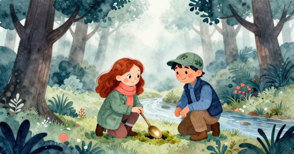 在柔和晨霧中，莉雅和馬可蹲在蘚苔覆蓋的溪邊橡樹下，仔細探查半埋銅湯匙，表情充滿好奇與期待。