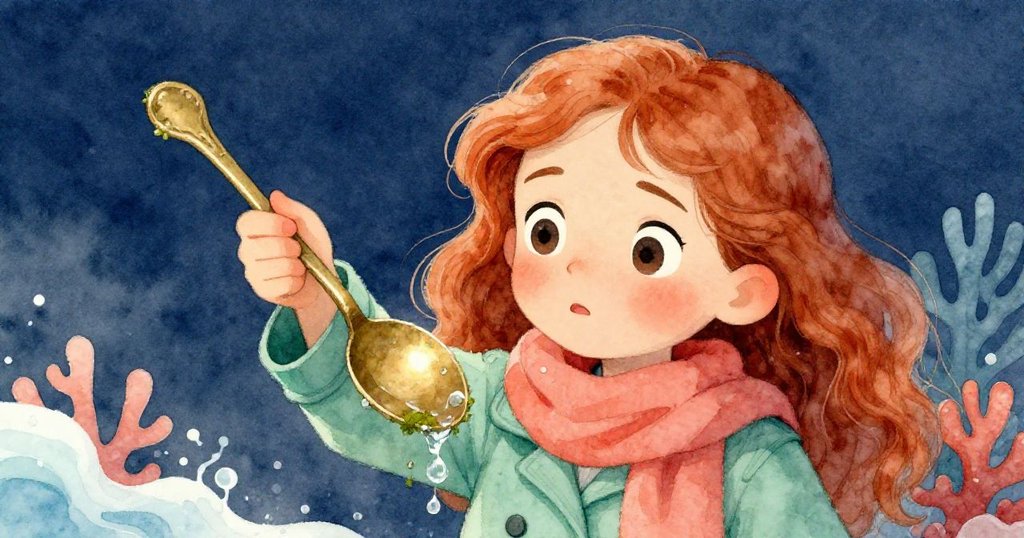 莉雅專注地用雙拇指托起古銅湯匙，臉上滿是決心與驚喜，背景隱約顯現濕潤苔蘚和閃爍水珠。