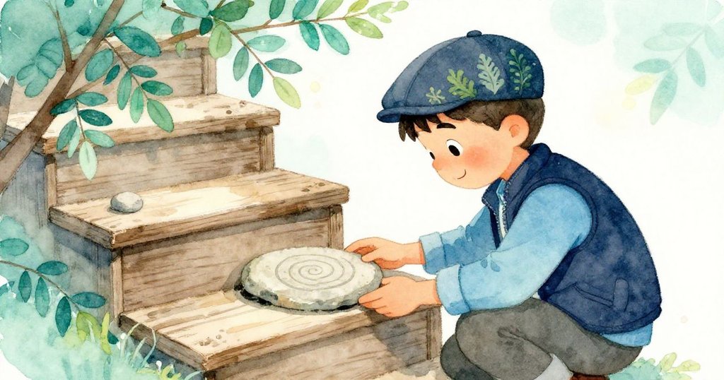 馬可蹲在老舊木階旁，用小枝輕撥隱藏石板，石上螺旋紋路猶如微型地圖，神情專注且充滿驚奇。