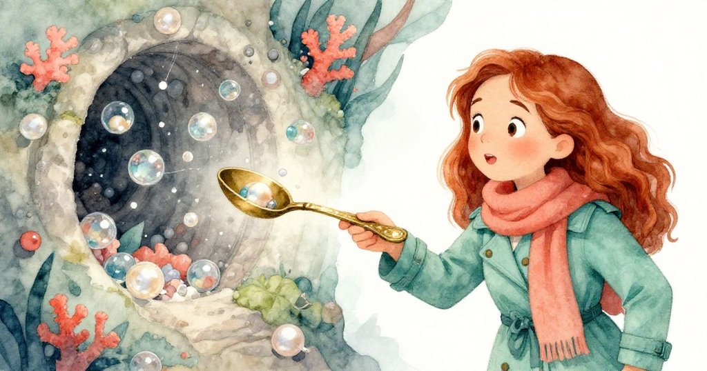 莉雅輕敲湯匙把手，眼中流露驚奇，看著隱藏隔間打開散出閃亮玻璃珠，場景充滿了奇幻與神秘色彩。