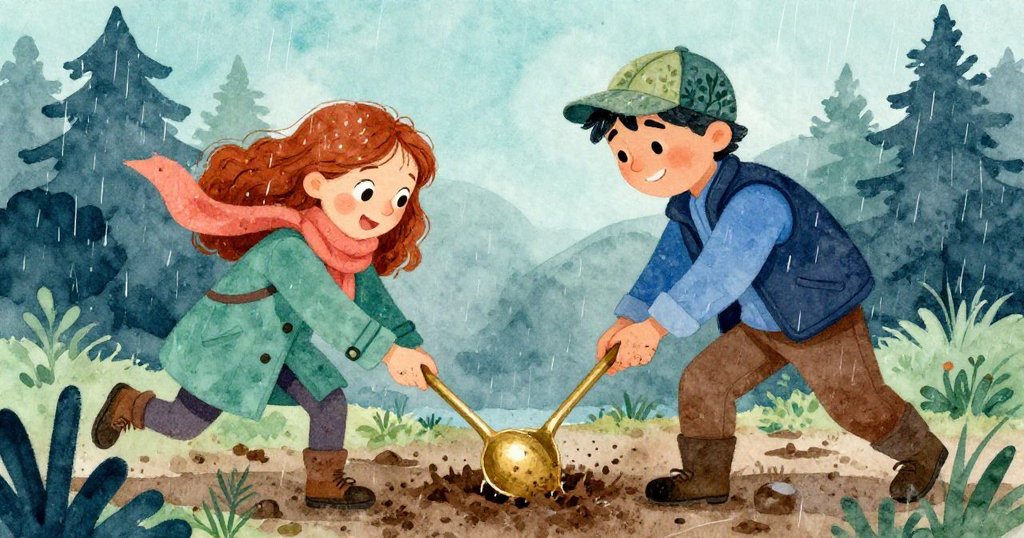 雨中，莉雅與馬可換位合作，努力撥動緊抓湯匙的泥土，動作協調充滿活力，雨水與泥濘間展現互助精神。