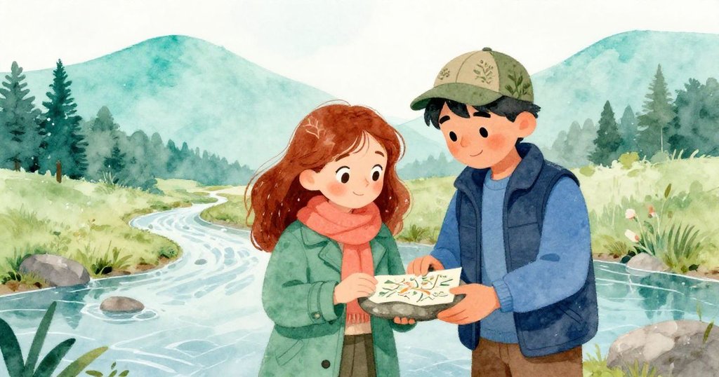 雨過天晴，莉雅與馬可並肩站在靜謐溪邊，低語著石板上微型地圖，背景遠山與清新光線散發出希望與平和。