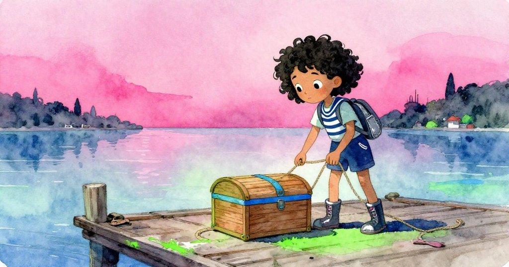 Mira在碼頭上挪開粗繩，發現被斑駁藍色點綴的雪松盒，背景海面和船燈營造神秘氛圍。