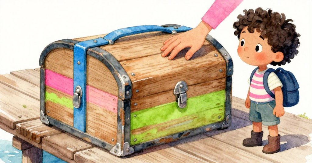 Mira蹲下，聚焦在手觸盒子上斑駁藍色的細節，神情充滿好奇與探尋。