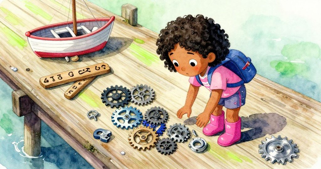 Mira從高角度俯身檢查盒內散落的齒輪和木棍，細節處刻有數字，流露出好奇與探索精神。