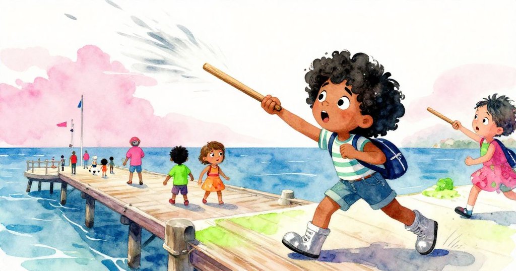 在海風掠過碼頭的瞬間，Mira迅速撿起從浪中跌落的木棍，神色驚訝中帶著興奮。