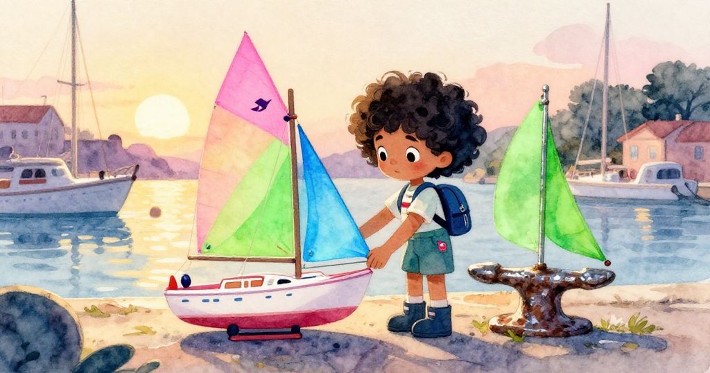 傍晚金光中Mira滿意地擱下迷你賽艇在舊桅柵旁，背景海港平靜，展現出夢想實現的溫馨情懷。