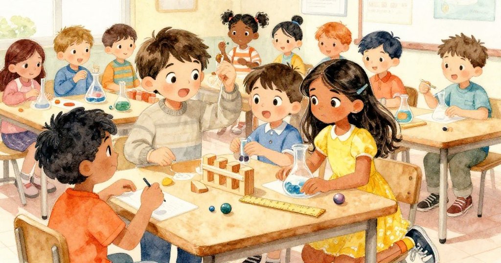 米羅推動木塊、賈雅平衡水晶彈珠，科學社忙碌課室中眾多孩子互動，場景充滿活力與好奇。