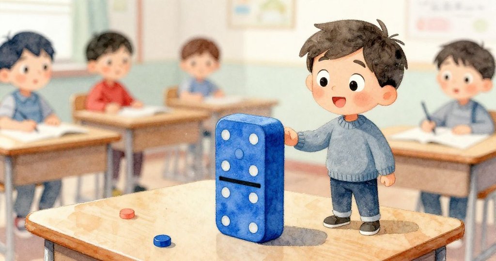 米羅留意藍色領導骨牌細節，桌上散落實驗器材，象徵計畫與領導，光影柔和。