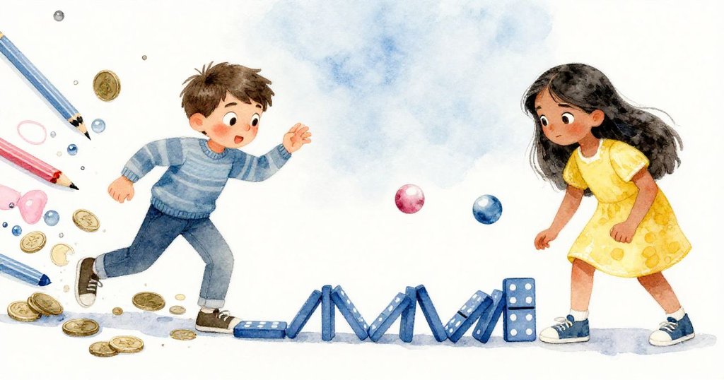 米羅在右側用力彈彈珠，左側展示珠子與鉛筆混亂散開，分鏡呈現實驗進程與緊張感。