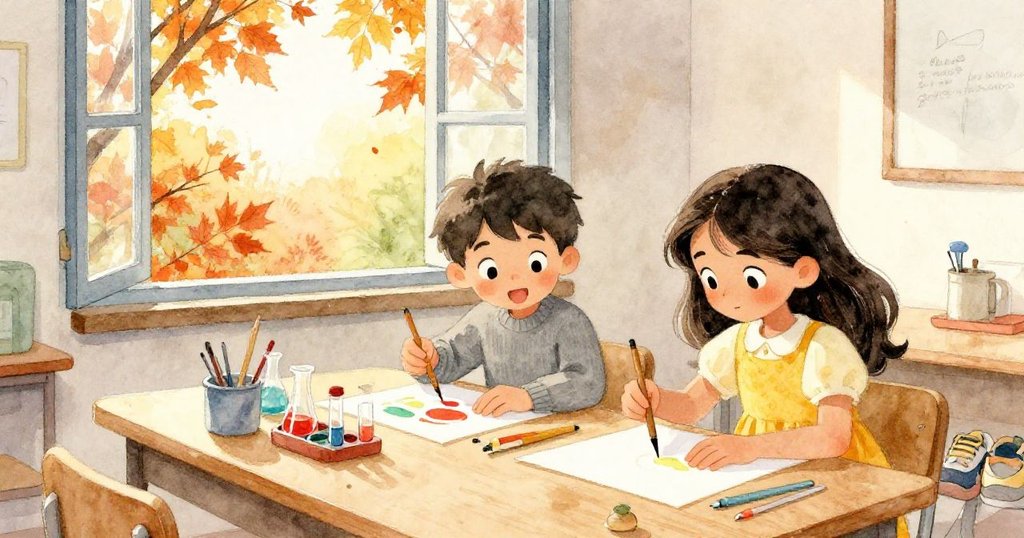 米羅調整器材、賈雅放置筆記本於充滿秋意課室，窗外金黃落葉映入室內，氣氛溫暖和諧。