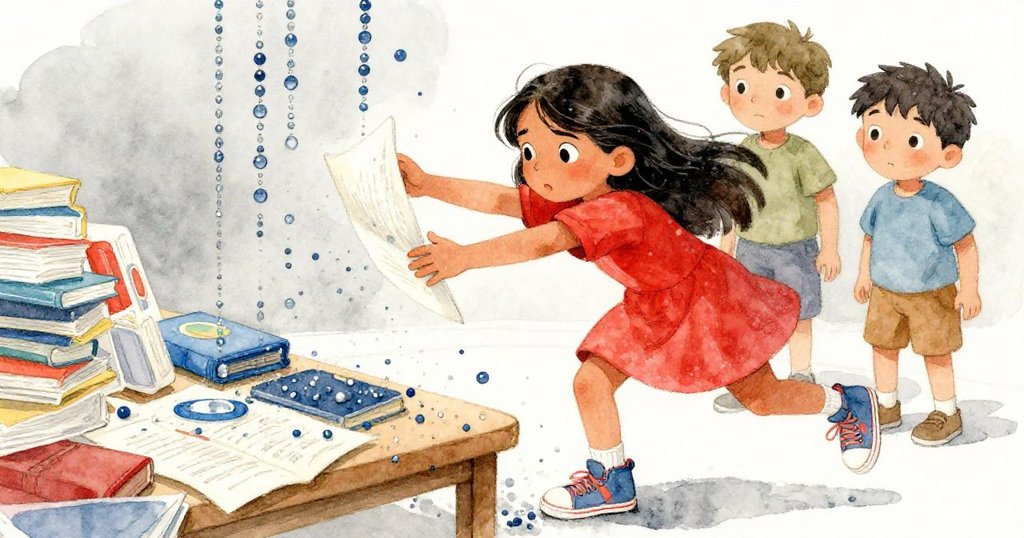 賈雅急忙將筆記本滑入散落珠子前阻止災難，米羅背景注視，實驗桌混亂中展現決心與緊張情緒。