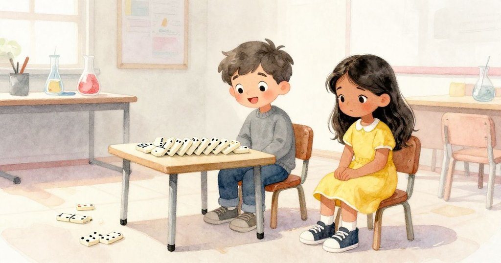 米羅與賈雅坐在安靜課室實驗桌旁，輕鬆微笑表露釋然，最後骨牌落下結束動盪，氛圍溫馨平靜。