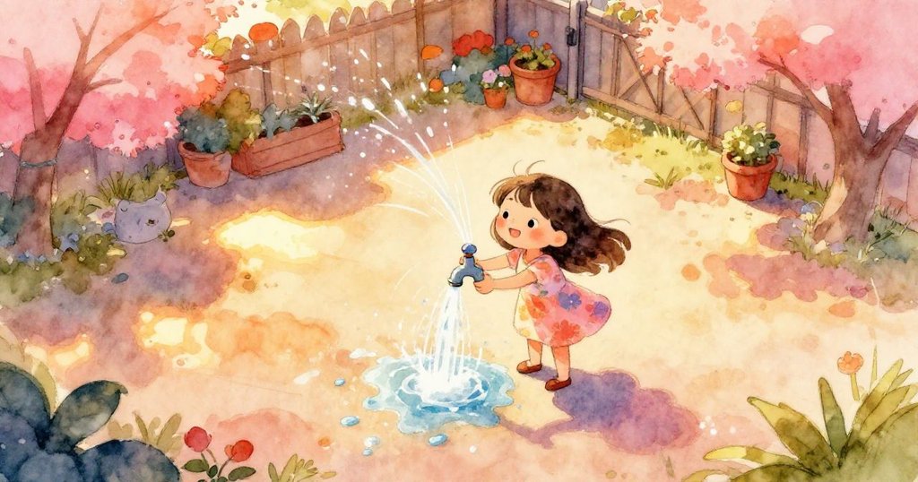 Lina在庭院中用力轉動水龍頭，水流奔騰灑落，晨光映照下充滿活力與希望。