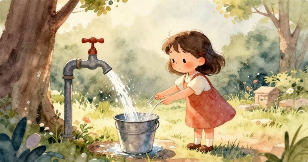 Lina遠望金屬水桶，水滴在桶沿上跳躍，展現日常中意外而美妙的瞬間。