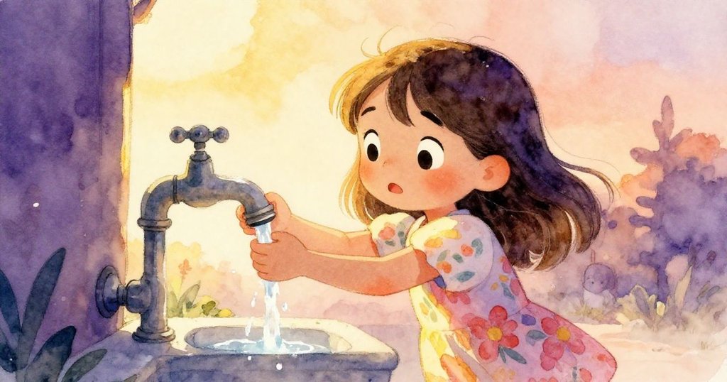 Lina認真調整水龍頭，水流逐漸平靜，光線從晨曦轉為晚霞，庭院氛圍溫暖。