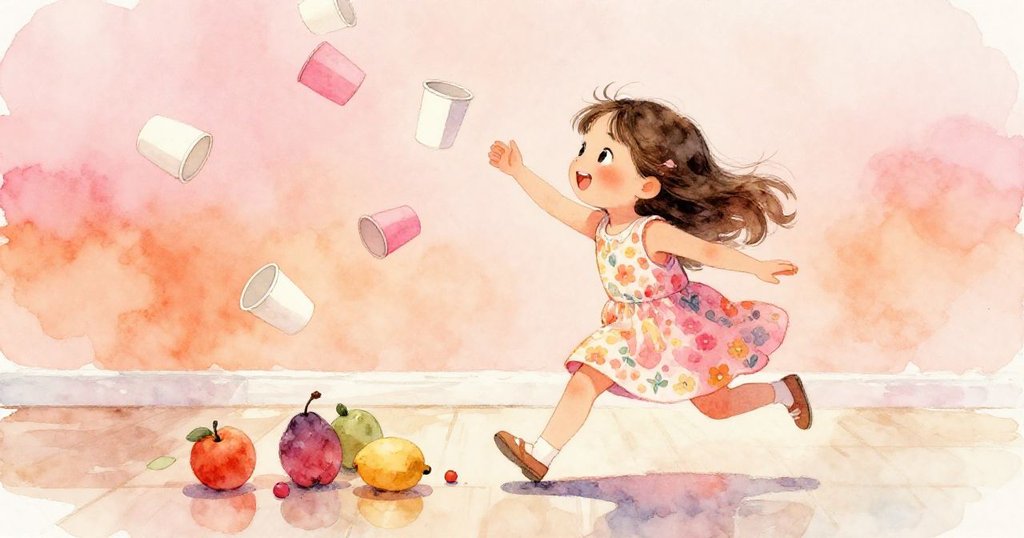 Lina急忙追逐翻飛的紙杯與水果，水滴四濺，她滿臉驚喜，互動中展現活力。