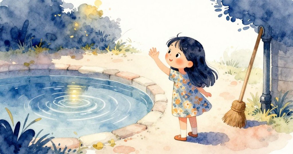 Lina靜立庭院邊，最後一顆橙子依偎腳踝，她輕揮手告別流動的水，畫面溫馨結尾。