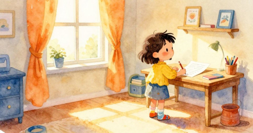 瑪雅站在明亮溫馨的房間中，靠近桌旁，桌上擺著大張紙與鉛筆，她滿懷期待，展現創作故事的開端。