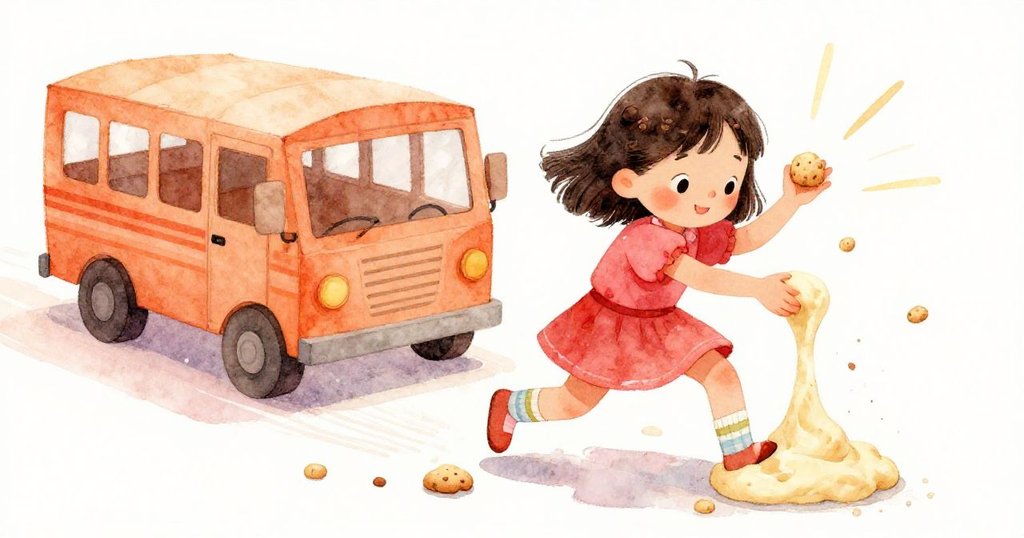 瑪雅迅速抓取軟綿餅乾麵團，手勢生動，紙巴士滑行中與麵團形成路障，刻畫故事情節的高潮轉折。