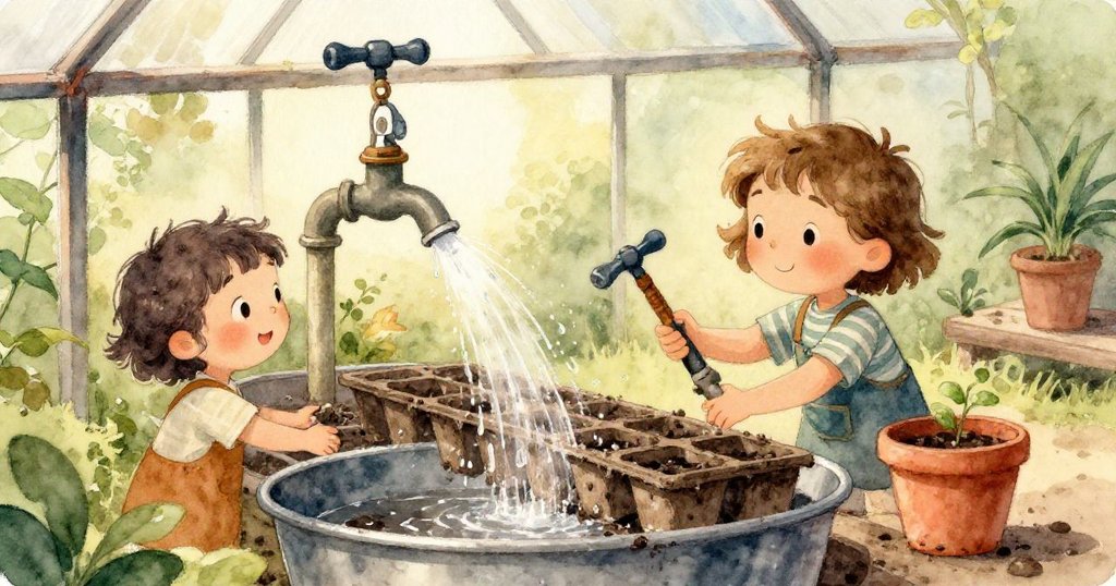 Mira引發的水花讓塑料火烈鳥與搖晃陶罐並置，水濺花園中展現出對比鮮明的動靜交融場面。