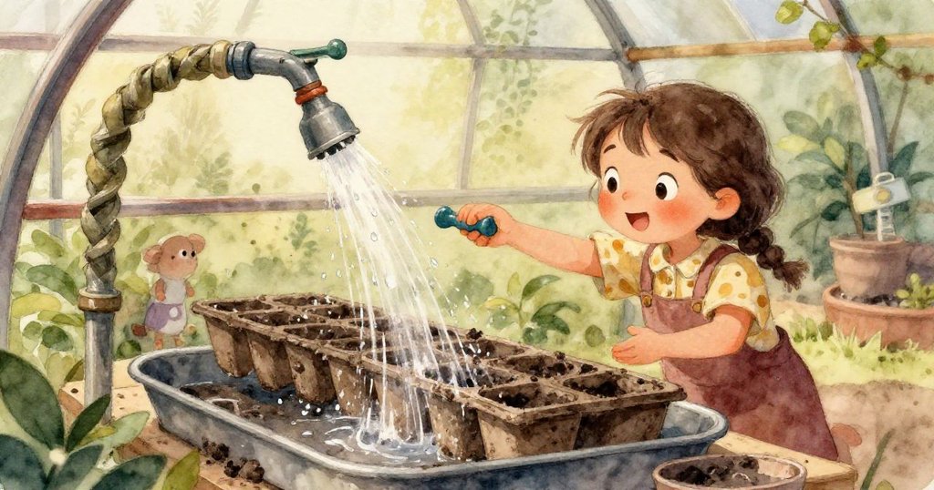 Mira專注調整軟管，水滴擊打金屬盆與霧面玻璃，陽光柔和穿透，營造出詩意且動感的畫面。