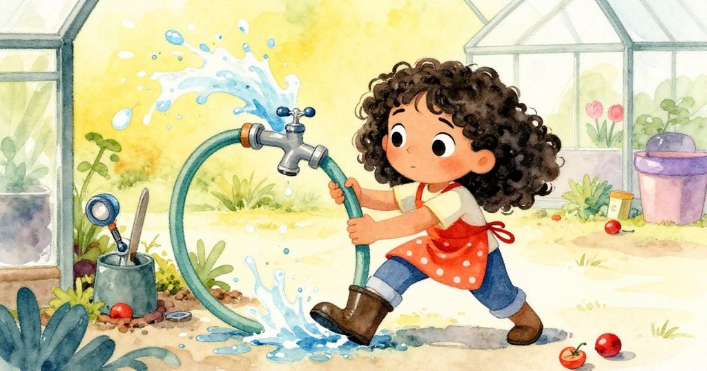 Mira堅定地用靴子壓住彎曲軟管，水花四濺中展示抉擇瞬間，光線溫暖且現場富有緊張氣氛。